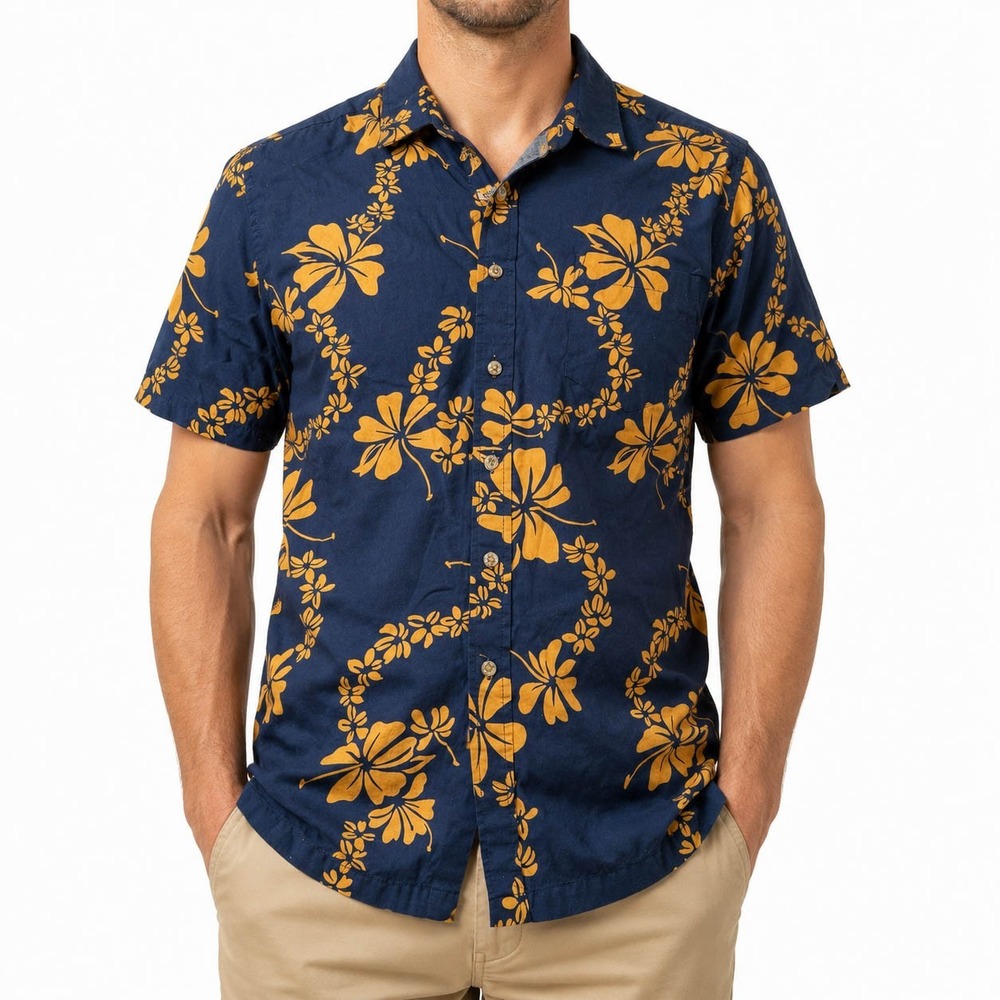 Cooke Street Honolulu Mens Navy Blue Yellow Hibiscus Floral Aloha Shirt Medium